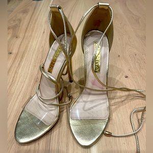 Gold tie up open toe sandal size 6.5